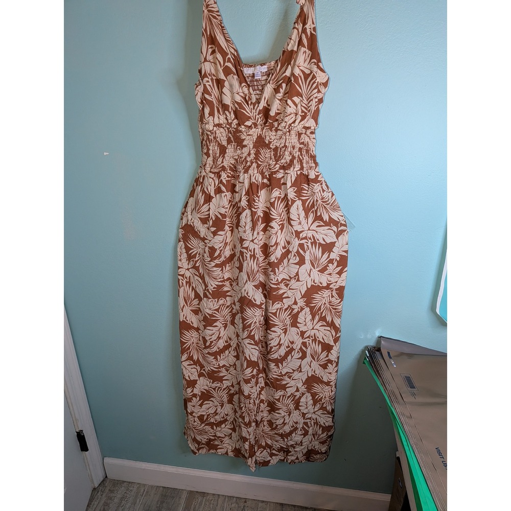 Iris Womens Rust Tropical Leaf Smocked Wide Leg Jumpsuit Medium V-Neck Tie Strap